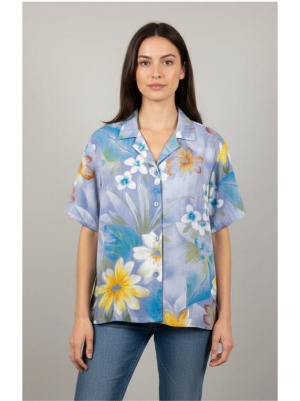 JAMS WORLD Moon Daisy Tropical Multi Blue Short Sleeve Blouse Women XL